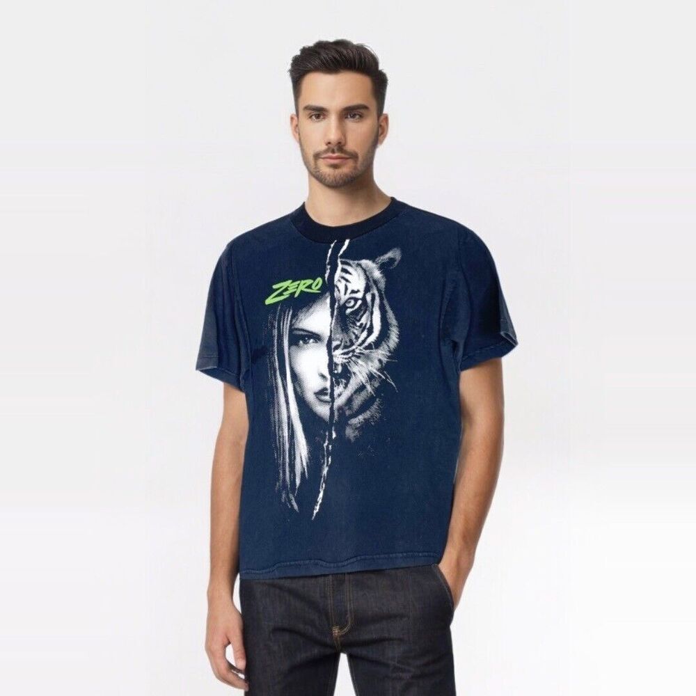 Vintage Y2K‎ M Medium Zero Skateboards T-Shirt Tiger Face Black Faded Tee